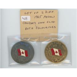 LOT OF 2 DIFFERENT 1ARGE 1965 MEDALS THAT CELEBRATE CANADA’S NEW FLAG. BOTH ARE COLOURIZED. BOTH UNC