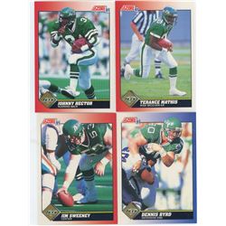 LOT OF 4 NEW YORK JETS, NFL, FOOTBALL CARDS. INCLUDES TERANCE MATHIS & JOHNNY HECTOR. 1991 SCORE. AL