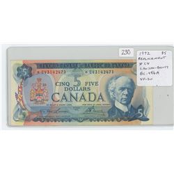 1972 $5 REPLACEMENT NOTE. LAWSON-BOUEY SIGNATURES. *CV PREFIX. BC-48BA. VF.