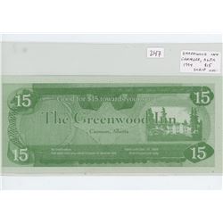GREENWOOD INN, CANMORE, ALBERTA 1994 $15 SCRIP. UNC.