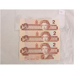 3 TWO DOLLAR BILLS 1986