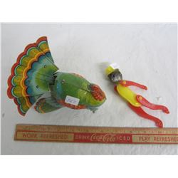 LOT OF 2 TOYS MONKEY AND WIND UP PEACOCK