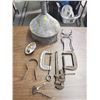 Image 1 : ANTIQUE FUNNEL, CLAMPS, HAIR CUTTERS, CANNING TOOLS AND 40'S TRUCK MIRROR