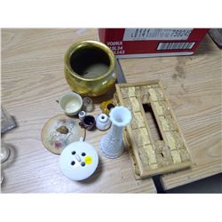 Decorative Lot w/Glass and wicker Tissue Box Cover, ect.