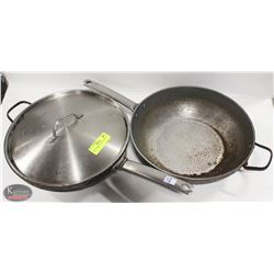 TWO 13" GREEN PANS W/ ONE LID