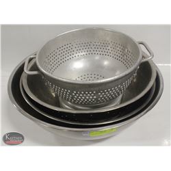 TWO STAINLESS STEEL BOWLS W/ 2 COLANDERS