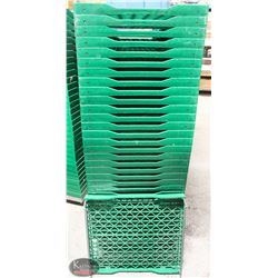 STACK OF 32 GREEN BREAD TRAYS W/ CART 25"X23.5"