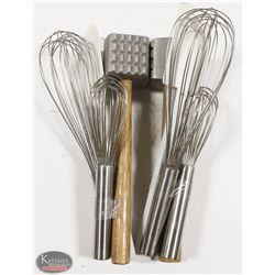 MISC. BUNDLE: 2 MEAT TENDERIZERS, 4 WHIPS, 2 FOOD