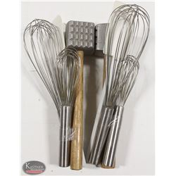 MISC. BUNDLE: 2 MEAT TENDERIZERS, 4 WHIPS, 2 FOOD
