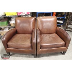 TWO BROWN LEATHERETTE SOFA CHAIRS W/ RIVETS