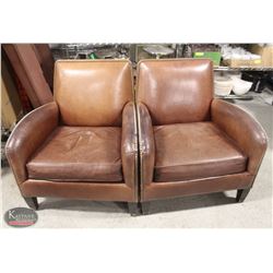 TWO BROWN LEATHERETTE SOFA CHAIRS W/ RIVETS