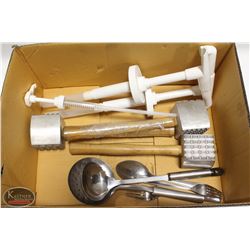 BOX ASSORTED MISC. INCLUDING: 4 MEAT MALLETS,
