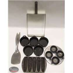 LOT W/ 4" CAST IRON BOWLS, EGG POACHER LID, TWO