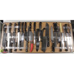 LARGE 15" X 35" BOARD W/ 26 ASST. KITCHEN KNIVES &