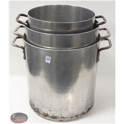 LOT OF 3 ALUMINUM STOCK POTS. 24QT, 16QT & 12QT