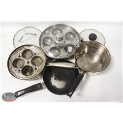 LOT OF ASSORTED COOKWARE INCL: EGG POACHERS,