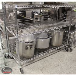 3-TIER CHROME WIRE RACK ON CASTORS. 48"X18"X41"
