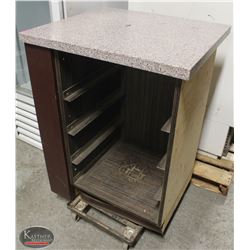 STONE TOP PODIUM W/ DISH TRAY HOLDERS.