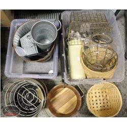 TWO CRATES VARIOUS WOOD & WIRE BASKETS, DECORATIVE