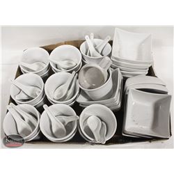 FLAT OF IKEA BOWLS W/ PORCELAIN SOUP SPOONS &