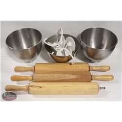 LOT OF 3 SMALL MIXING BOWLS W/ 3 WOOD ROLLING PINS