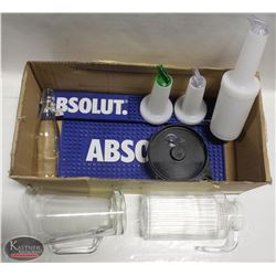 FLAT W/ ASSORTED BAR ITEMS: 3 ABSOLUTE BARMATS,