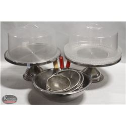 LOT OF 2 CAKE STANDS W/ COVERS SOLD W/ STAINLESS
