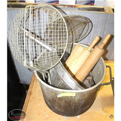 MISC. LOT W/ POT, STRAINERS, SKIMMERS, ROLLING PIN