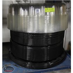 STACK OF MANY PLASTIC CATERING TRAYS, SOME W/ LIDS
