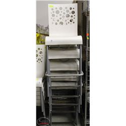 5 WHITE BAR-HEIGHT PLASTIC CHAIRS W/ METAL LEGS
