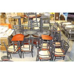 LOT OF 5 ROUND DINING TABLES W/ 30 METAL & WOOD