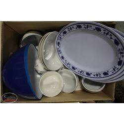 BOX OF ASSORTED PORCELAIN DISHWARE & PLASTIC