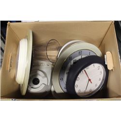 BOX W/ ASSORTED CLOCKS & HOUSEHOLD BLENDER