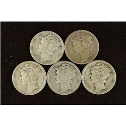 5 ASSORTED 1940'S MERCURY DIMES