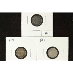 1913, 1914 & 1917 CANADA SILVER 5 CENTS