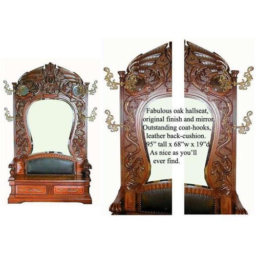 Oak hall seat bench coat rack antique carved 1317440