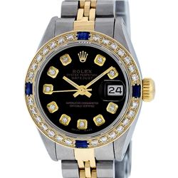 Rolex Ladies 2 Tone Black Diamond & Sapphire 26MM Oyster Datejust Wristwatch