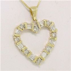 14K Solid Yellow Gold .70CTW Round & Baguette Diamond Heart Pendant on Box Chain