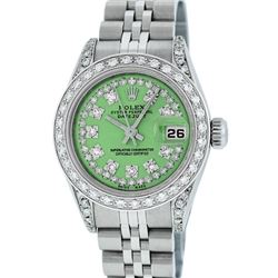 Rolex Ladies Stainless Steel Quickset Green Diamond Lugs Jubilee Datejust Wristw