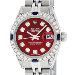 Rolex Ladies Stainless Steel Red Diamond Lugs & Sapphire Datejust Wristwatch