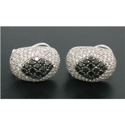 18k Solid White Gold 3.60 ctw White & Black Diamond Drenched Dome Button Earring