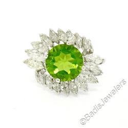 Vintage Platinum 10.20 ctw Round Peridot and Marquise Diamond Ring