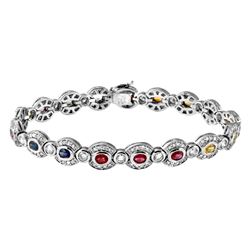 Natural 7.45 CTW Multi-Sapphire & Diamond Bracelet 14K White Gold - REF-419M4F