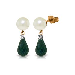 Genuine 8.7 ctw Pearl, Green Sapphire Corundum & Diamond Earrings 14KT Rose Gold - REF-27K6V