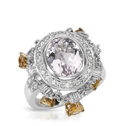 Natural 8.44 CTW Kunzite & Diamond Ring 18K Two Tone Yellow Gold - REF-140T4X