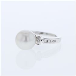 Natural 9.04 CTW Pearl & Baguette Ring 14K White Gold - REF-65W7H