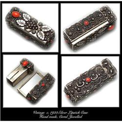 VINTAGE SILVER CORAL LIPSTICK CASE MIRROR #109 #1305612