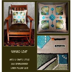 ARTS & CRAFTS MISSION EMBROIDERED GINGKO PILLOW#1305692