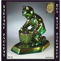 ZSOLNAY VINTAGE ART POTTERY BOY W BASKET PT21 #1305711