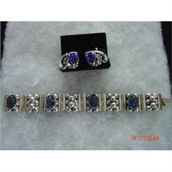 Mexican Sterling Mayan Blue Bracelet Set Signed#1311400